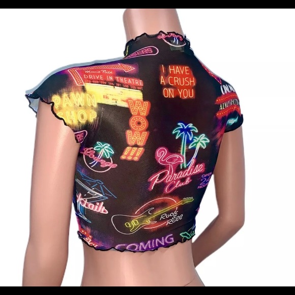 Y2K Sheer Mesh Hollywood Las Vegas Neon Sign Rave Paradise Club Crop Top New - Picture 4 of 4
